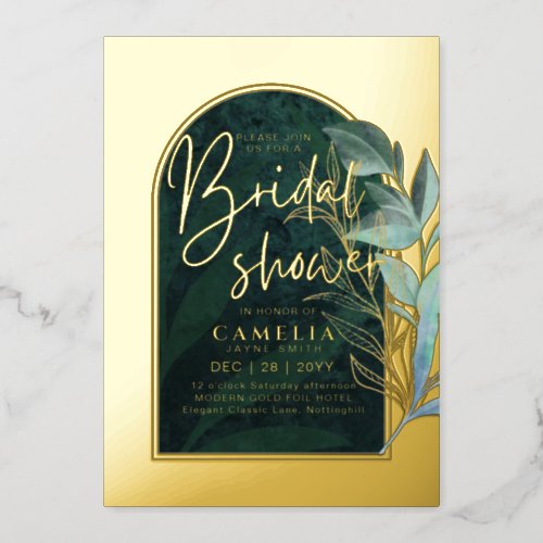 GOLD FOIL Green Leaves BRIDAL SHOWER QR Code Foil Invitation