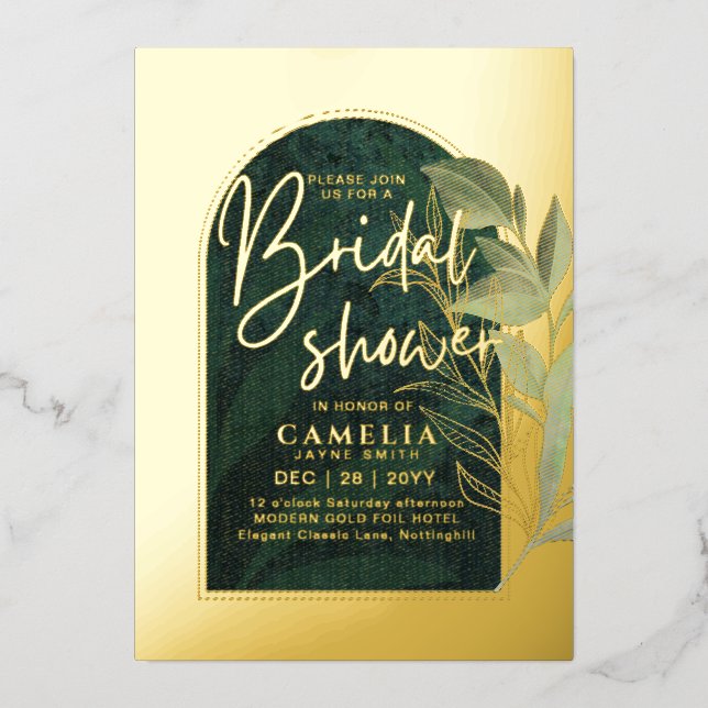 GOLD FOIL Green Leaves BRIDAL SHOWER QR Code Invitation (Front)