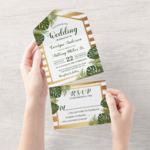 Gold Foil & Green Palm Leaf Beach Wedding All In One Invitation