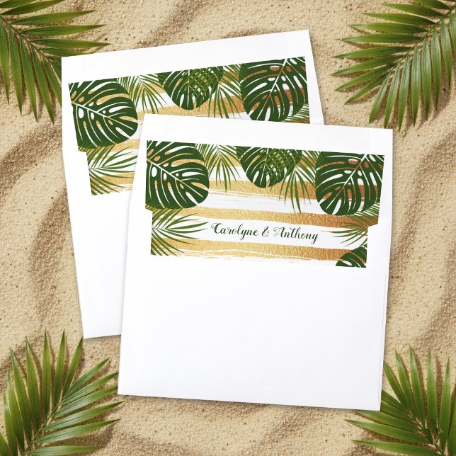 Gold Foil & Green Palm Leaf Beach Wedding Envelope Liner (Creator Uploaded)