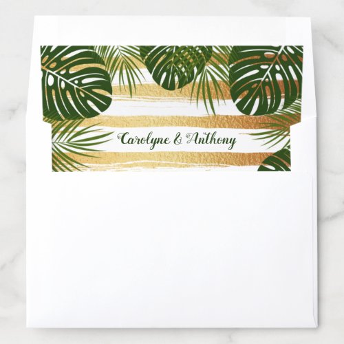 Gold Foil  Green Palm Leaf Beach Wedding Envelope Liner