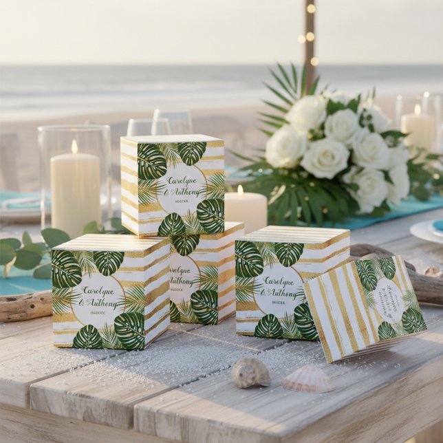Gold Foil & Green Palm Leaf Beach Wedding Favor Boxes (Creator Uploaded)