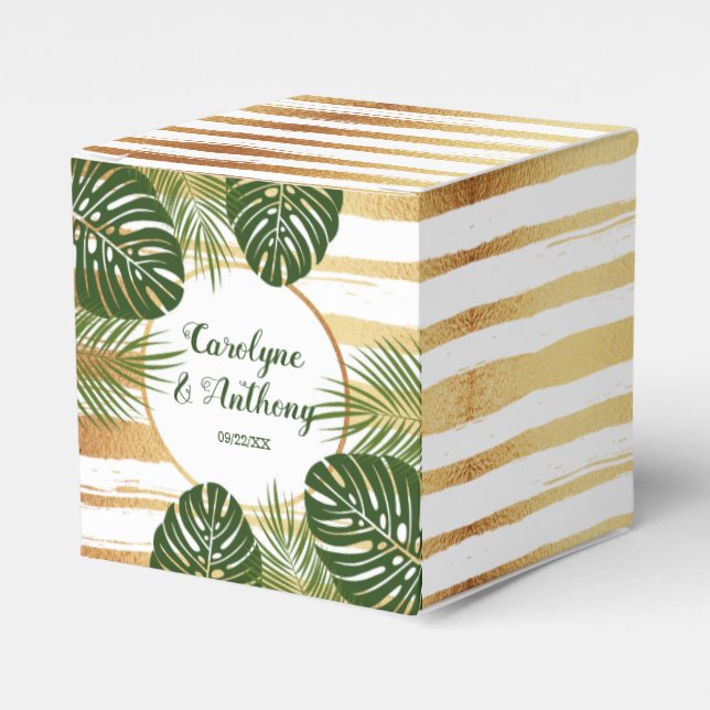 Gold Foil & Green Palm Leaf Beach Wedding Favor Boxes (Front Side)