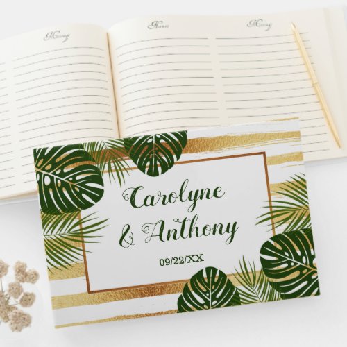 Gold Foil  Green Palm Leaf Beach Wedding Guest Book
