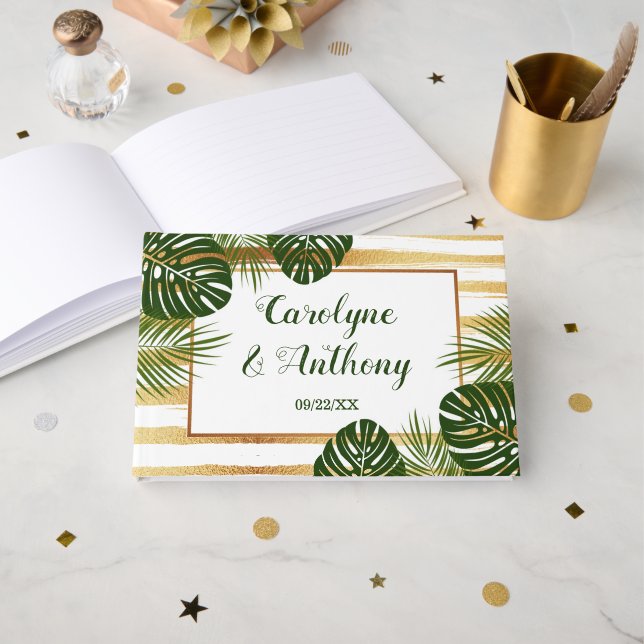 Gold Foil & Green Palm Leaf Beach Wedding Guest Book (Front Open)