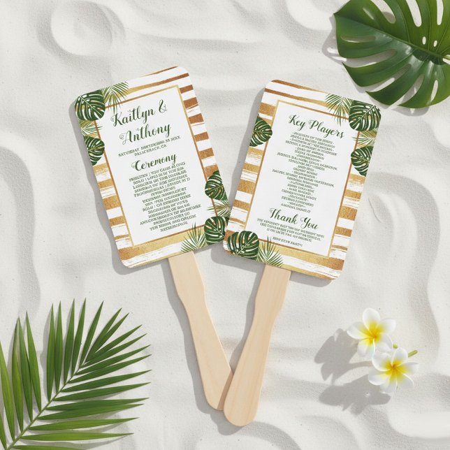 Gold Foil & Green Palm Leaf Beach Wedding Hand Fan (Creator Uploaded)