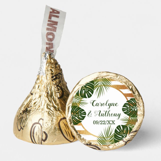 Gold Foil & Green Palm Leaf Beach Wedding Hershey®'s Kisses® (Front)