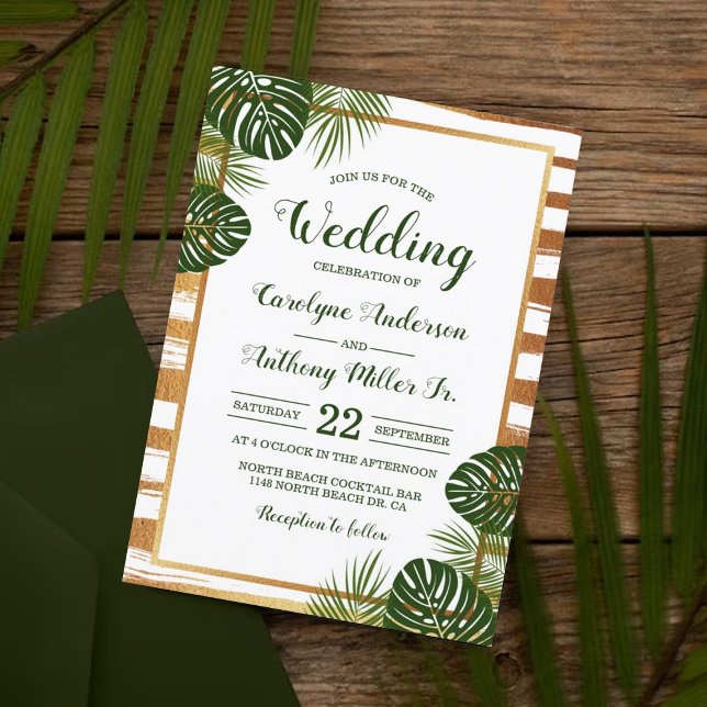 Gold Foil & Green Palm Leaf Beach Wedding Invitation (Creator Uploaded)