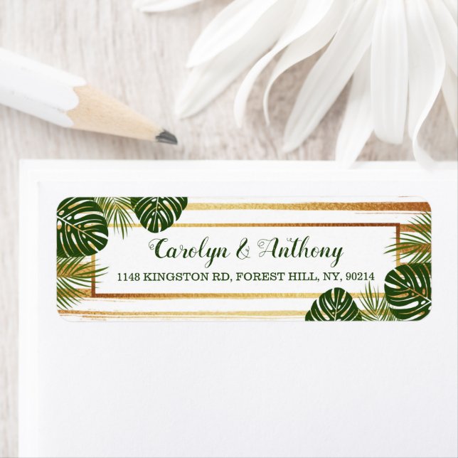 Gold Foil & Green Palm Leaf Beach Wedding Label (Insitu)