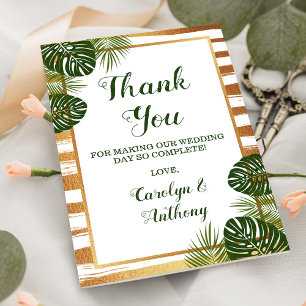 Gold Foil & Green Palm Leaf Beach Wedding Letterpress Thank You Card