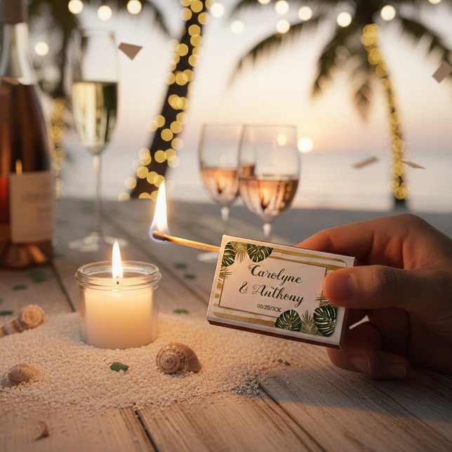 Gold Foil & Green Palm Leaf Beach Wedding Matchboxes (Creator Uploaded)