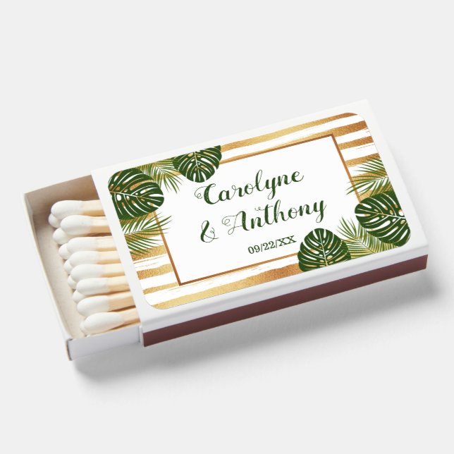 Gold Foil & Green Palm Leaf Beach Wedding Matchboxes (Front Open)