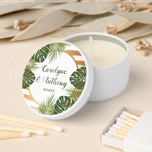 Gold Foil & Green Palm Leaf Beach Wedding Mini Candle Favors