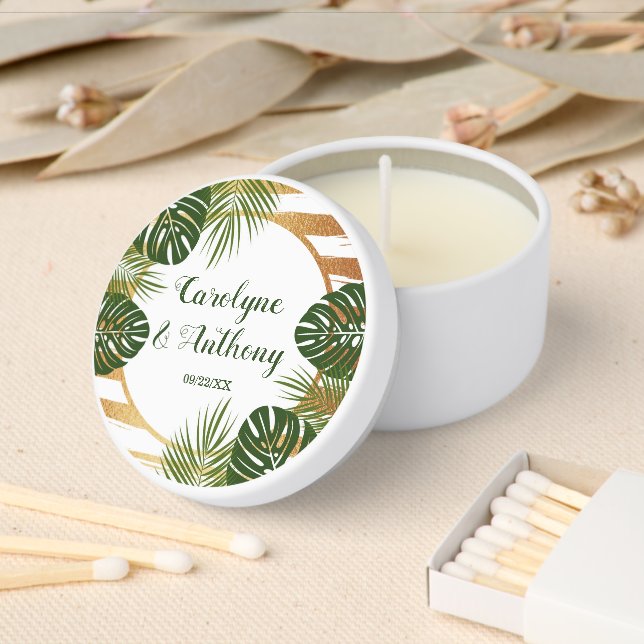 Gold Foil & Green Palm Leaf Beach Wedding Mini Candle Favors (Insitu)