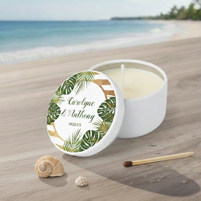 Gold Foil & Green Palm Leaf Beach Wedding Mini Candle Favors (Creator Uploaded)