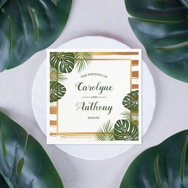 Gold Foil & Green Palm Leaf Beach Wedding Napkins (Creator Uploaded)