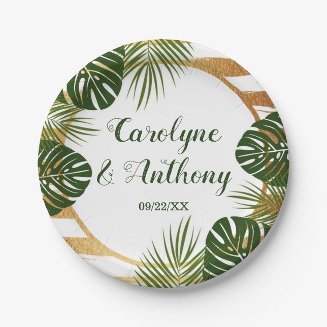 Gold Foil & Green Palm Leaf Beach Wedding Paper Plates (Front)