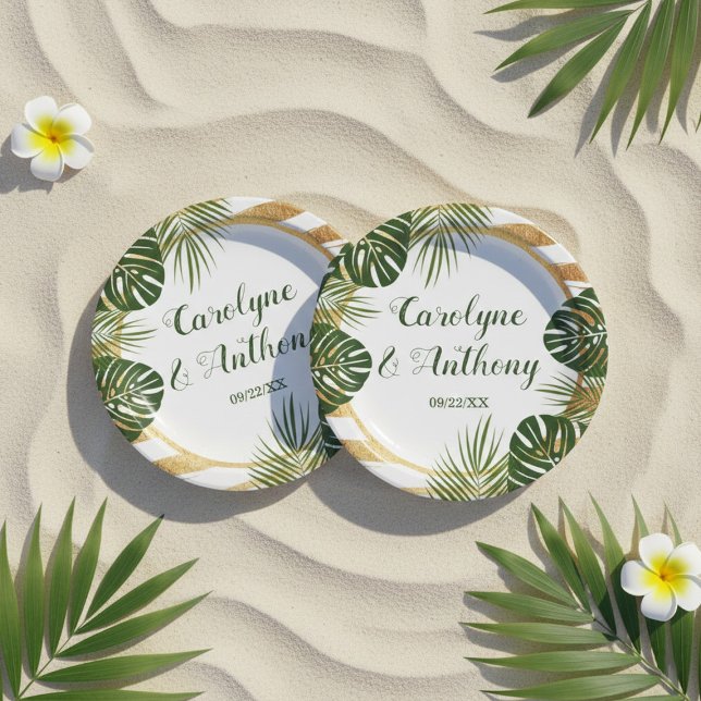 Gold Foil & Green Palm Leaf Beach Wedding Paper Plates (Creator Uploaded)
