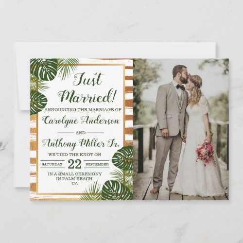 Gold Foil  Green Palm Leaf Beach Wedding Photo Announcement