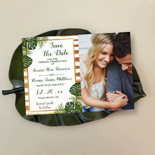 Gold Foil & Green Palm Leaf Beach Wedding Photo Save The Date