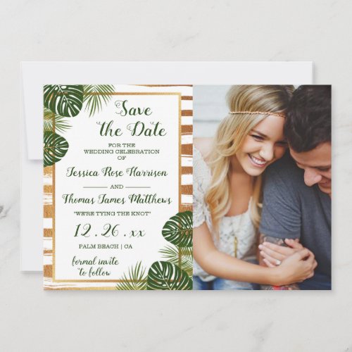 Gold Foil  Green Palm Leaf Beach Wedding Photo Save The Date