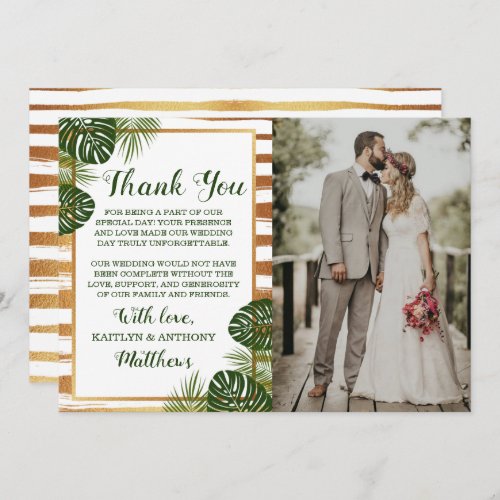 Gold Foil  Green Palm Leaf Beach Wedding Photo Thank You Card