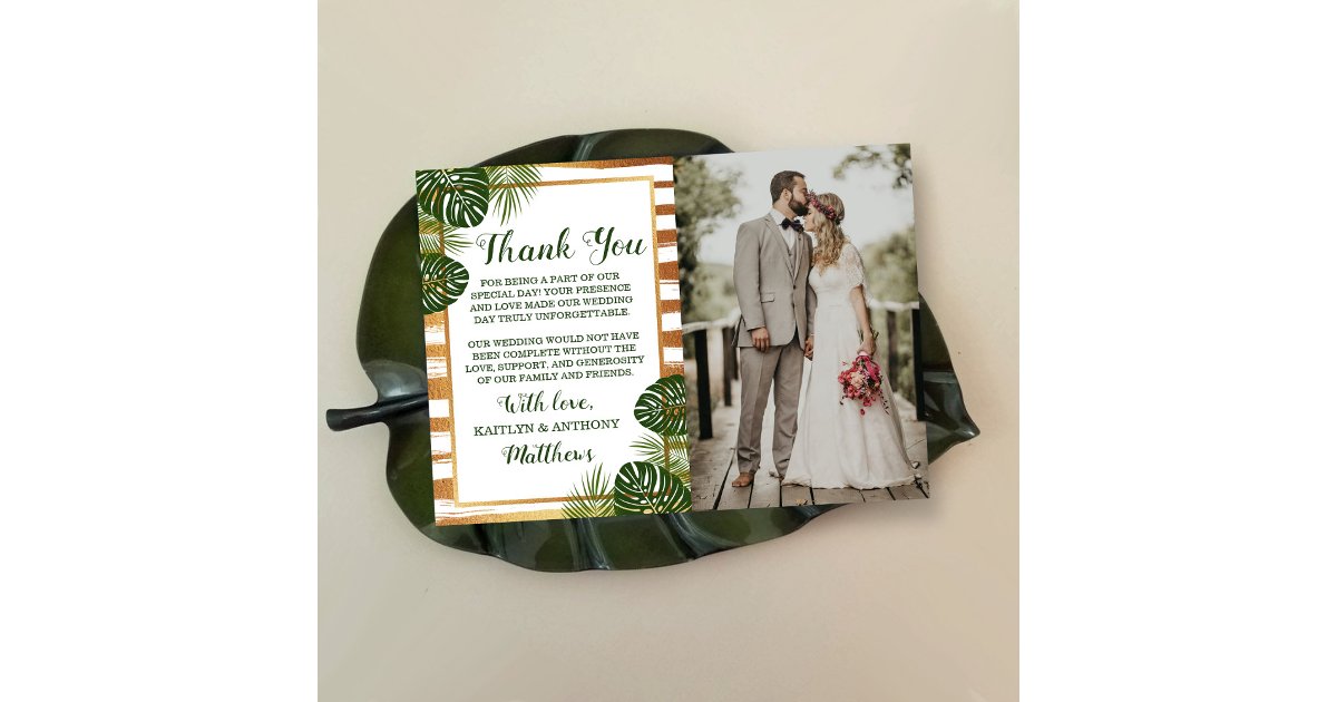 Gold Foil & Green Palm Leaf Beach Wedding Photo Thank You Card | Zazzle