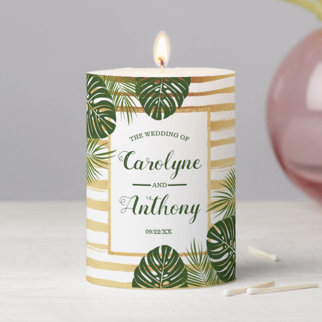 Gold Foil & Green Palm Leaf Beach Wedding Pillar Candle (In Situ)