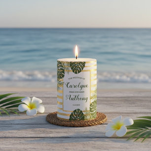 Gold Foil & Green Palm Leaf Beach Wedding Pillar Candle