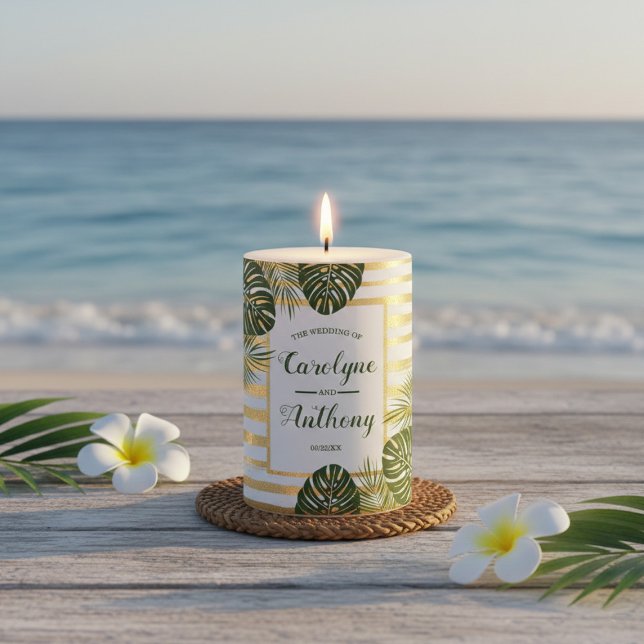 Gold Foil & Green Palm Leaf Beach Wedding Pillar Candle (Creator Uploaded)