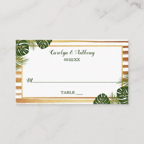 Gold Foil  Green Palm Leaf Beach Wedding Place Card