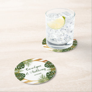 Gold Foil & Green Palm Leaf Beach Wedding Round Paper Coaster
