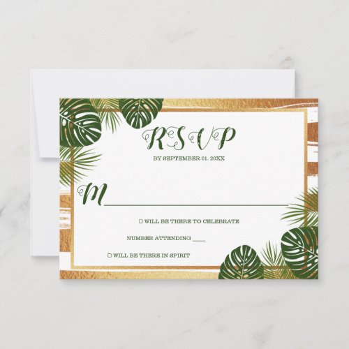 Gold Foil  Green Palm Leaf Beach Wedding RSVP Card