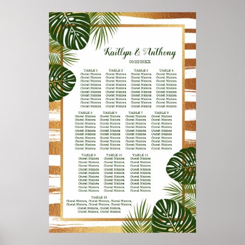 Gold Foil & Green Palm Leaf Beach Wedding Seating Poster