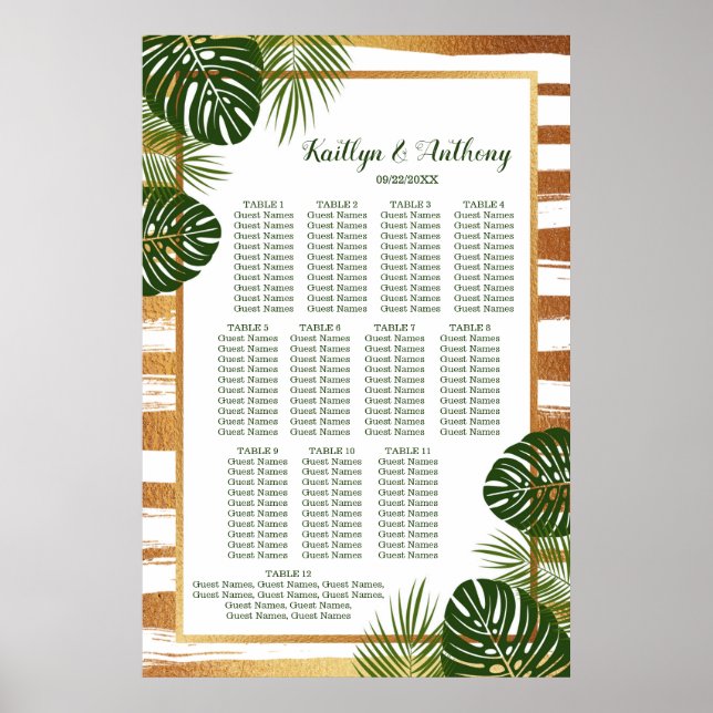Gold Foil & Green Palm Leaf Beach Wedding Seating Poster (Front)