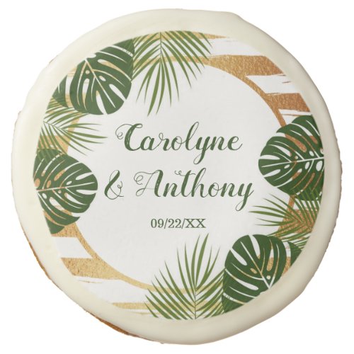 Gold Foil  Green Palm Leaf Beach Wedding Sugar Cookie