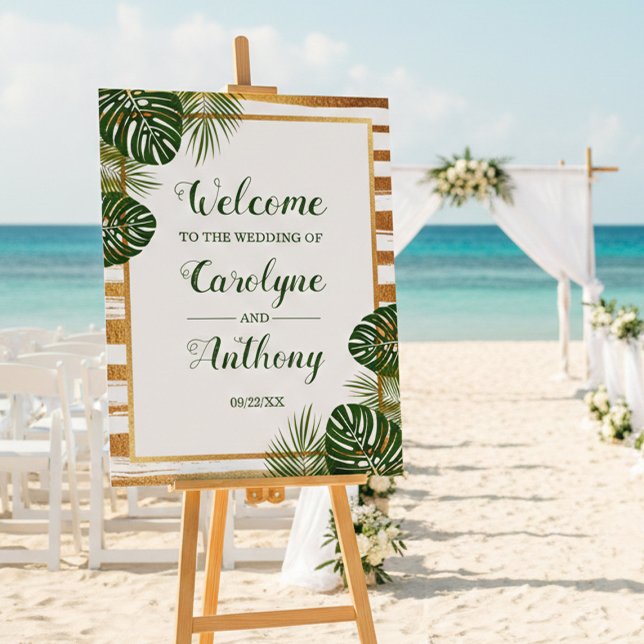Gold Foil & Green Palm Leaf Beach Wedding Welcome Foam Board (Creator Uploaded)