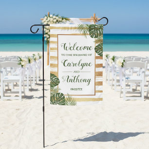 Gold Foil & Green Palm Leaf Beach Wedding Welcome Garden Flag