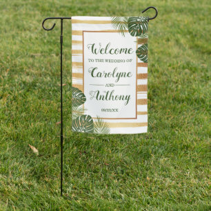 Gold Foil & Green Palm Leaf Beach Wedding Welcome Garden Flag