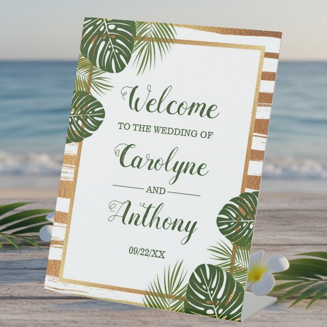 Gold Foil & Green Palm Leaf Beach Wedding Welcome Pedestal Sign (Creator Uploaded)