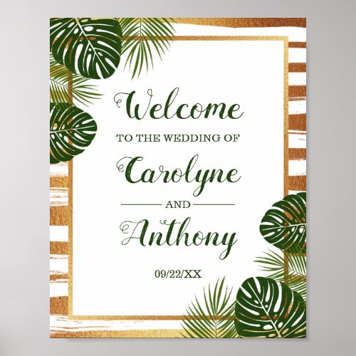 Gold Foil  Green Palm Leaf Beach Wedding Welcome Poster