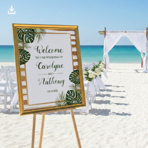 Gold Foil & Green Palm Leaf Beach Wedding Welcome Poster