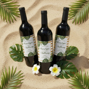 Gold Foil & Green Palm Leaf Beach Wedding Wine Label