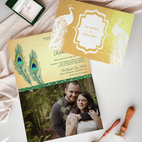 Gold Foil Green Peacock Feather Wedding Invitation