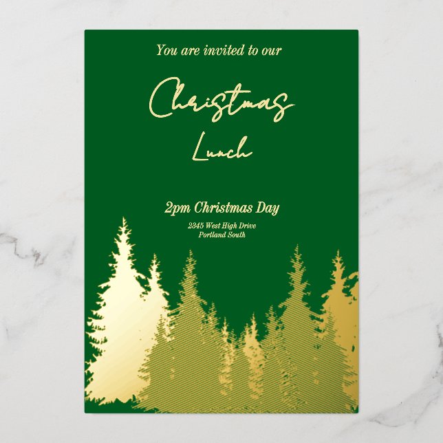 Gold Foil Green Pine Tree Christmas Party  Invitation (Front)