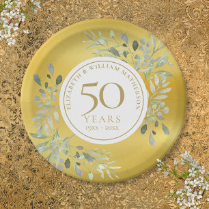 Gold Foil Greenery 50th Wedding Anniversary Paper Plates