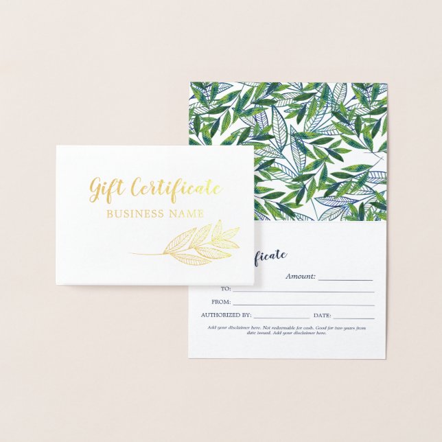 Gold Foil Greenery Calligraphy Gift Certificate Foil Card (Display)
