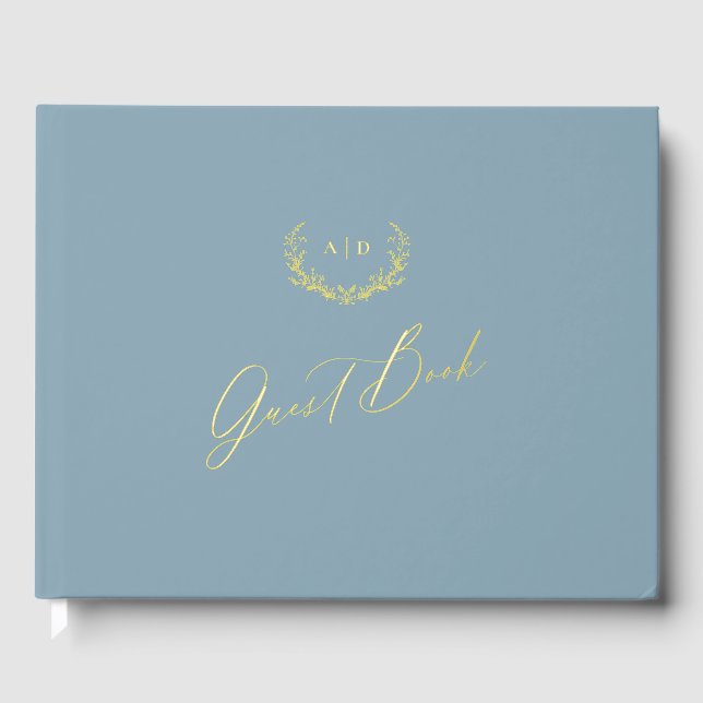 Gold Foil Guest Book Dusty Blue Monogram Wedding (Front)