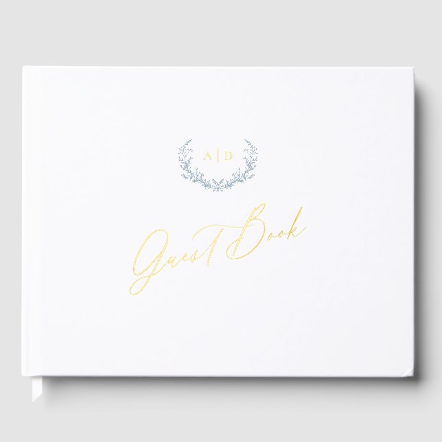 Gold Foil Guest Book Dusty Blue Monogram Wedding (Front)