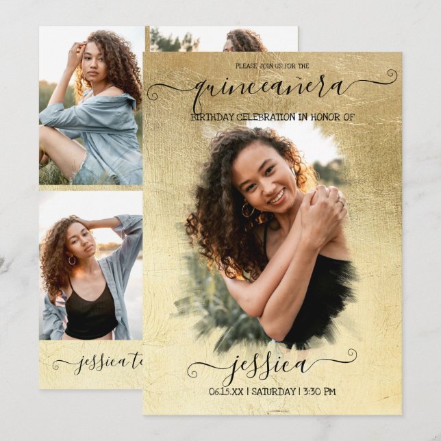 Gold Foil Halo Photo Collage Quinceañera Invitation (Front/Back)